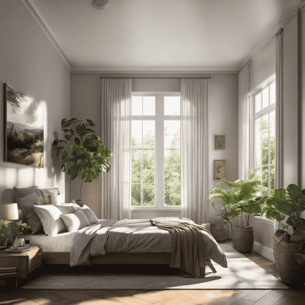 An image showcasing a tranquil bedroom filled with fresh, clean air