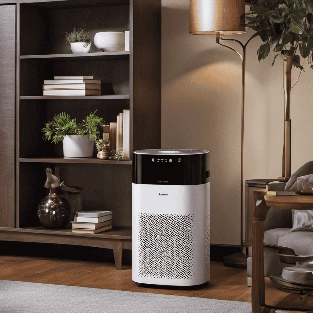 An image showcasing an air purifier with an ionizer, positioned in a room filled with pollutants and allergens