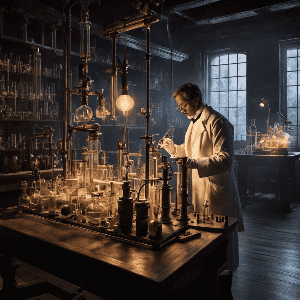 An image depicting a dimly lit laboratory from the early 1800s, with an inventor wearing a white coat