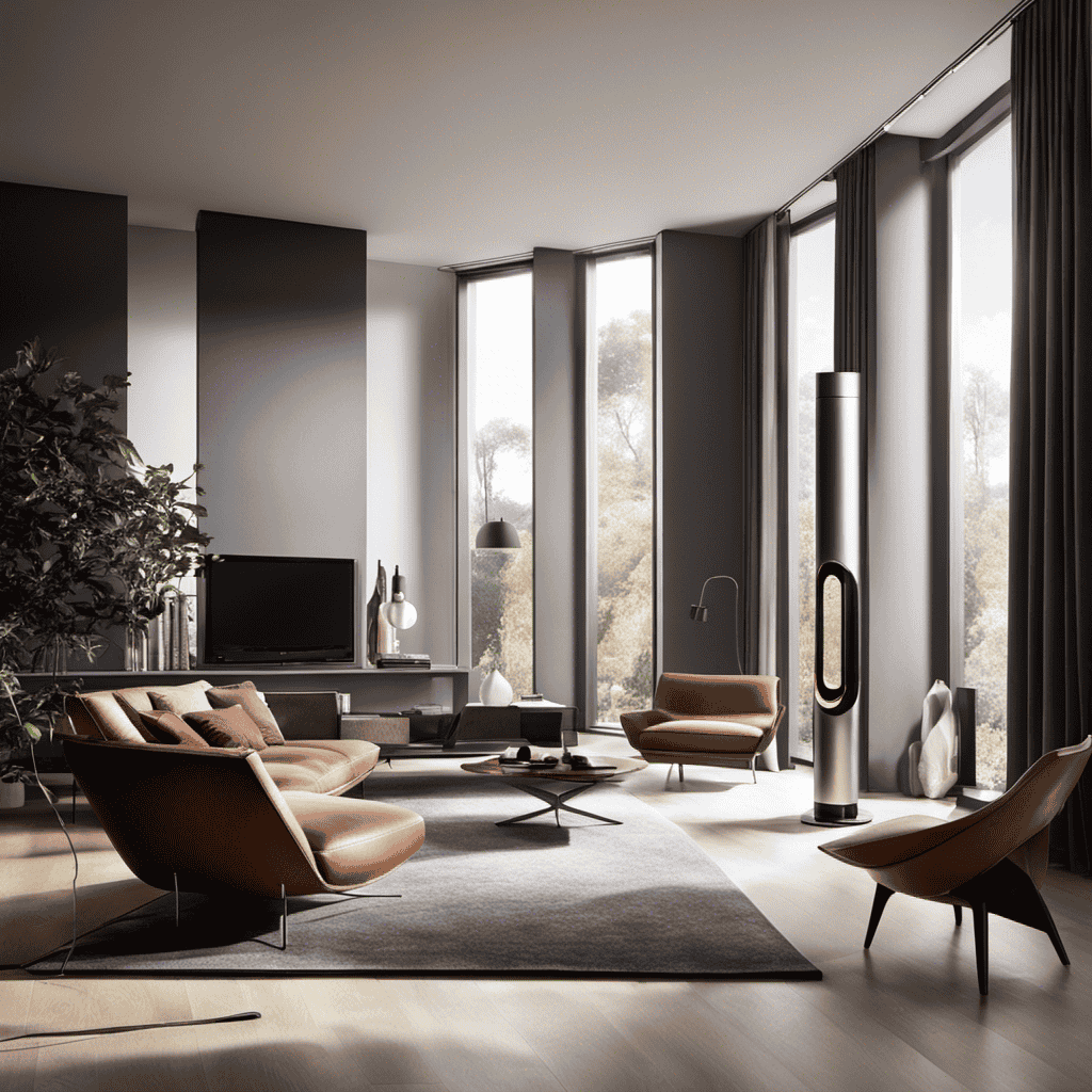 An image showcasing a sleek, modern living room with a beam of soft sunlight illuminating the room