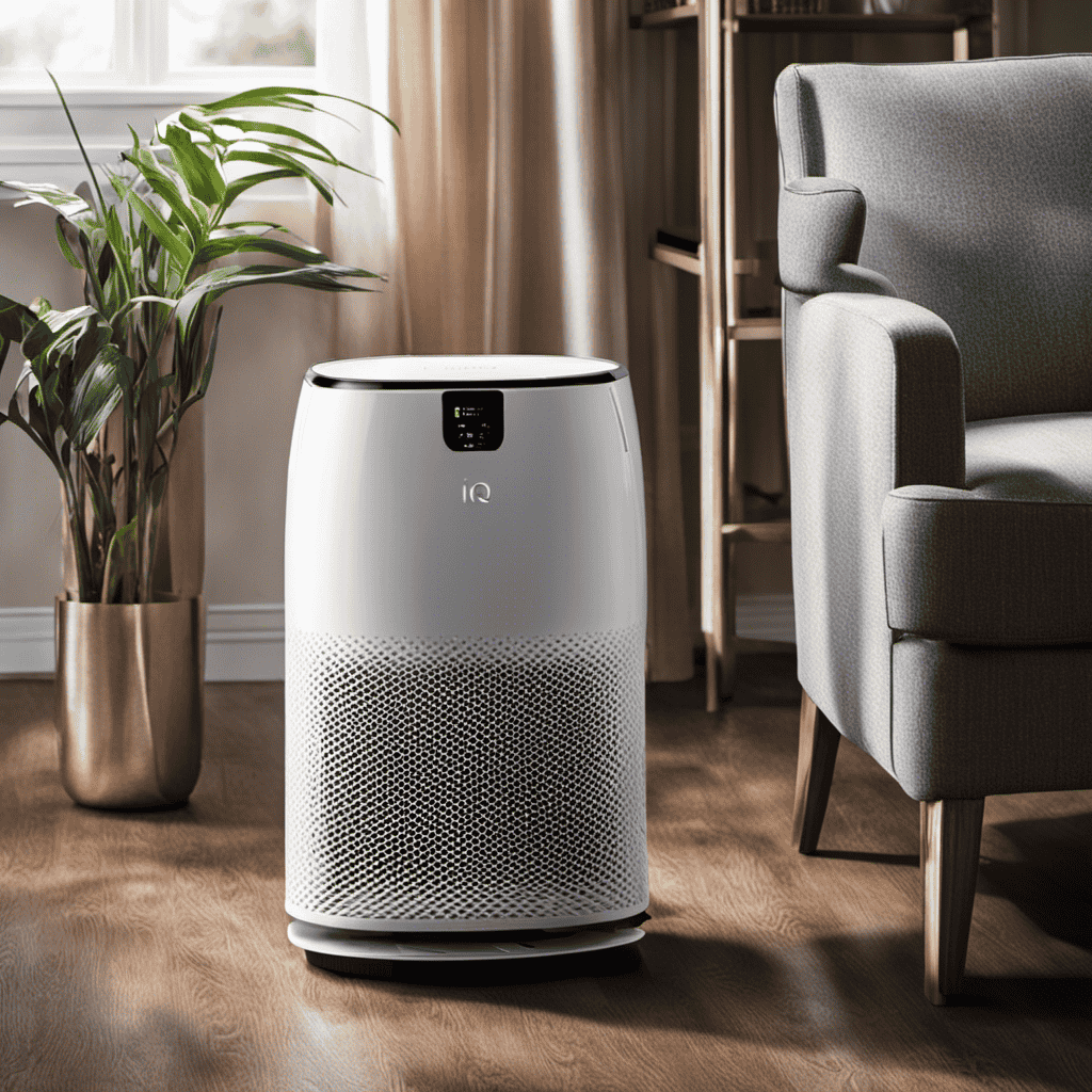 An image showcasing a close-up of the IQ Air Purifier with its filters visibly clogged with dust particles