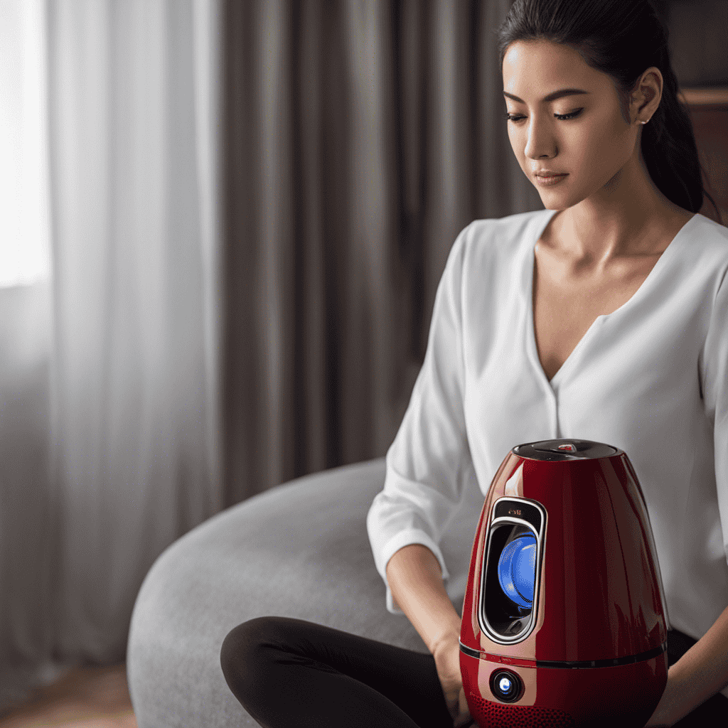 An image showing a person with red, irritated eyes sitting in a room with an air purifier on one side and a humidifier on the other