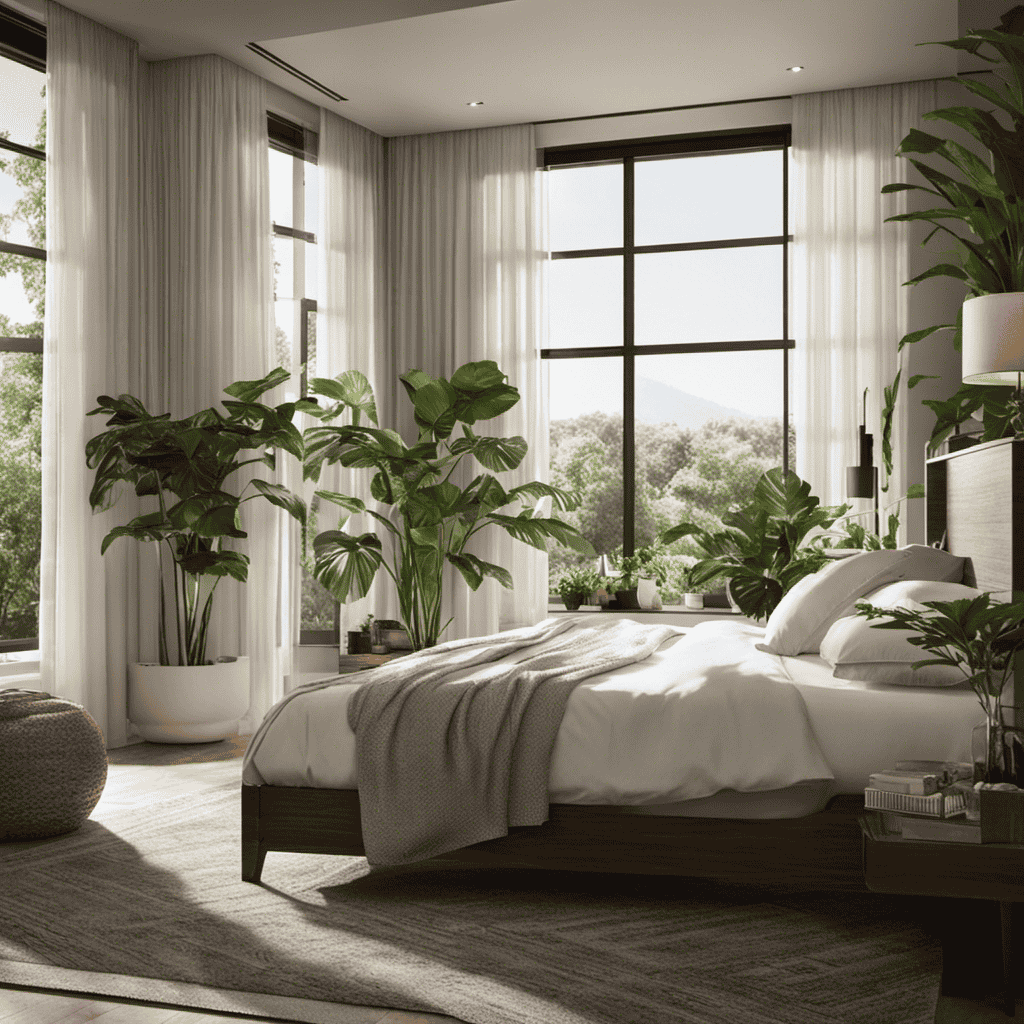 An image showcasing an airy bedroom with a strategically positioned air purifier on a nightstand, surrounded by lush plants, open windows inviting fresh breeze, and soft sunlight filtering through sheer curtains