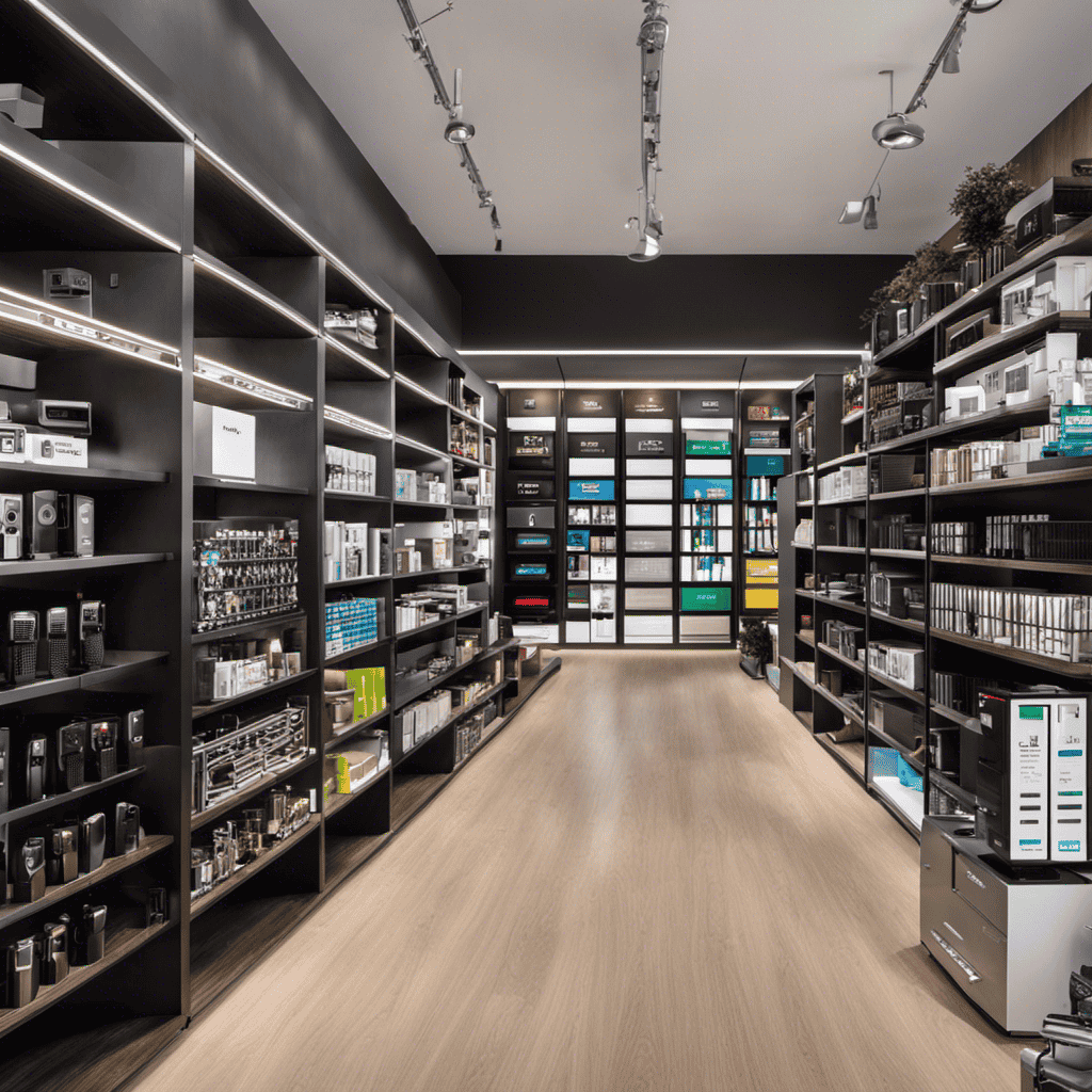 An image showcasing a modern, well-organized electronics store with neatly arranged shelves displaying various air purifiers