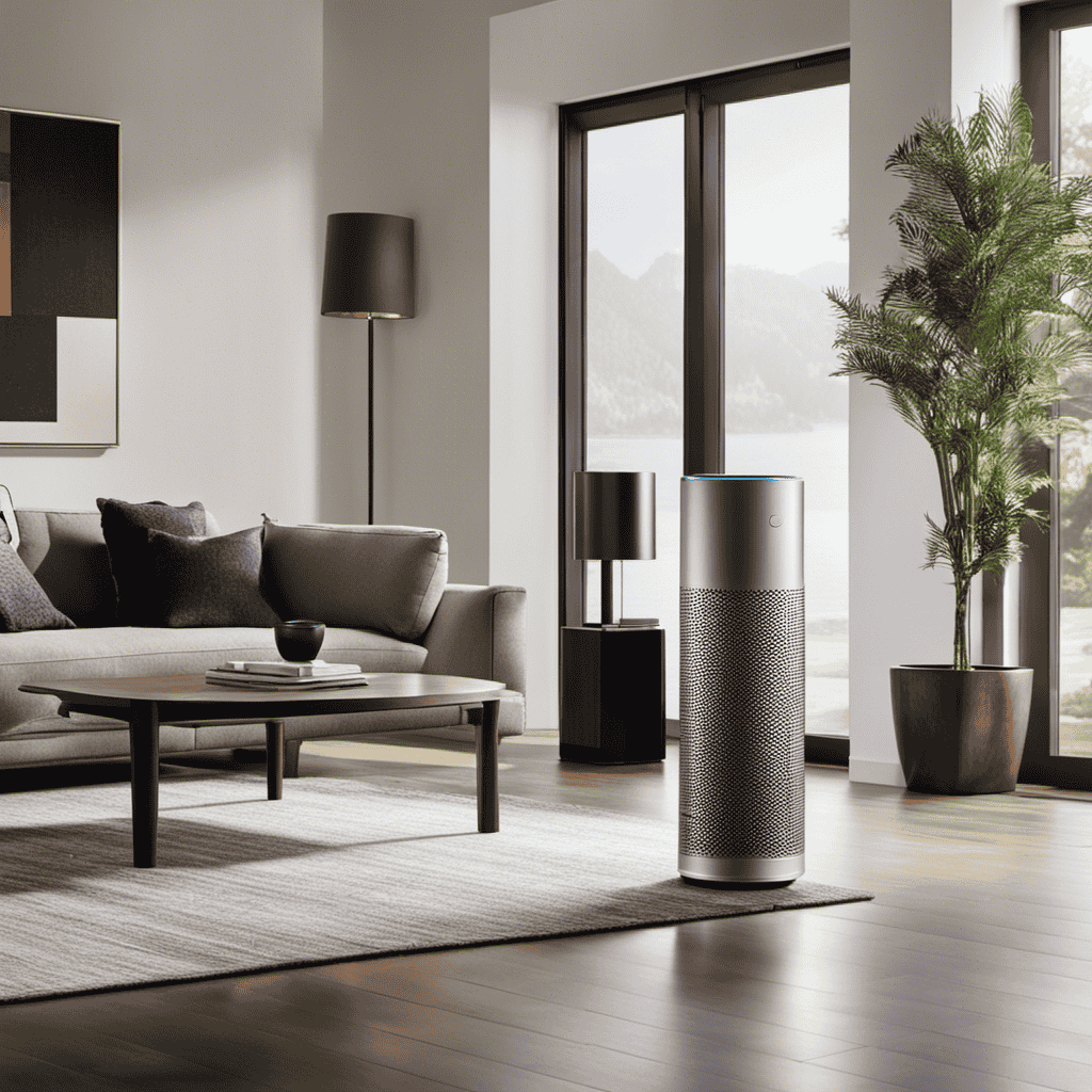 An image showcasing a well-lit, modern living room with a sleek Dyson Pure Cool Link Air Purifier subtly placed on a side table