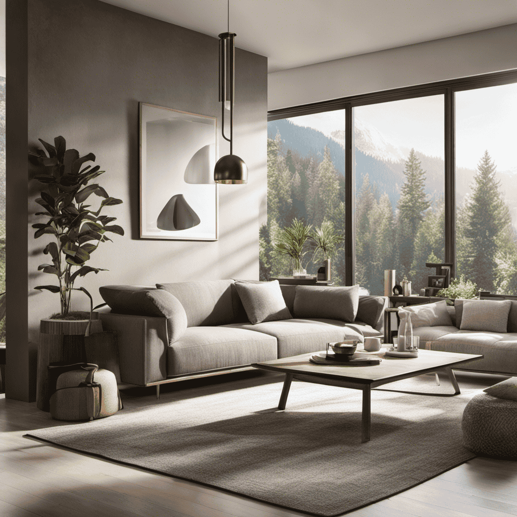 An image showcasing a cozy living room with a sleek, modern air purifier seamlessly integrated into the decor