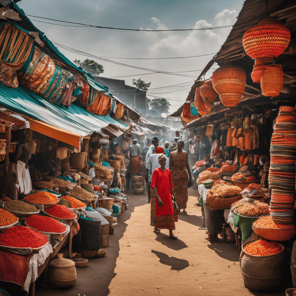 An image showcasing a bustling Nigerian marketplace brimming with vibrant stalls, each adorned with an array of air purifiers in various shapes, sizes, and colors, enticing customers with their crisp, clean air