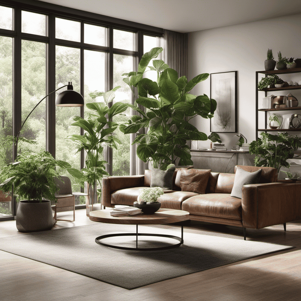 An image showcasing a well-lit, spacious living room with large windows, featuring an elegant air purifier neatly placed on a side table amidst lush indoor plants