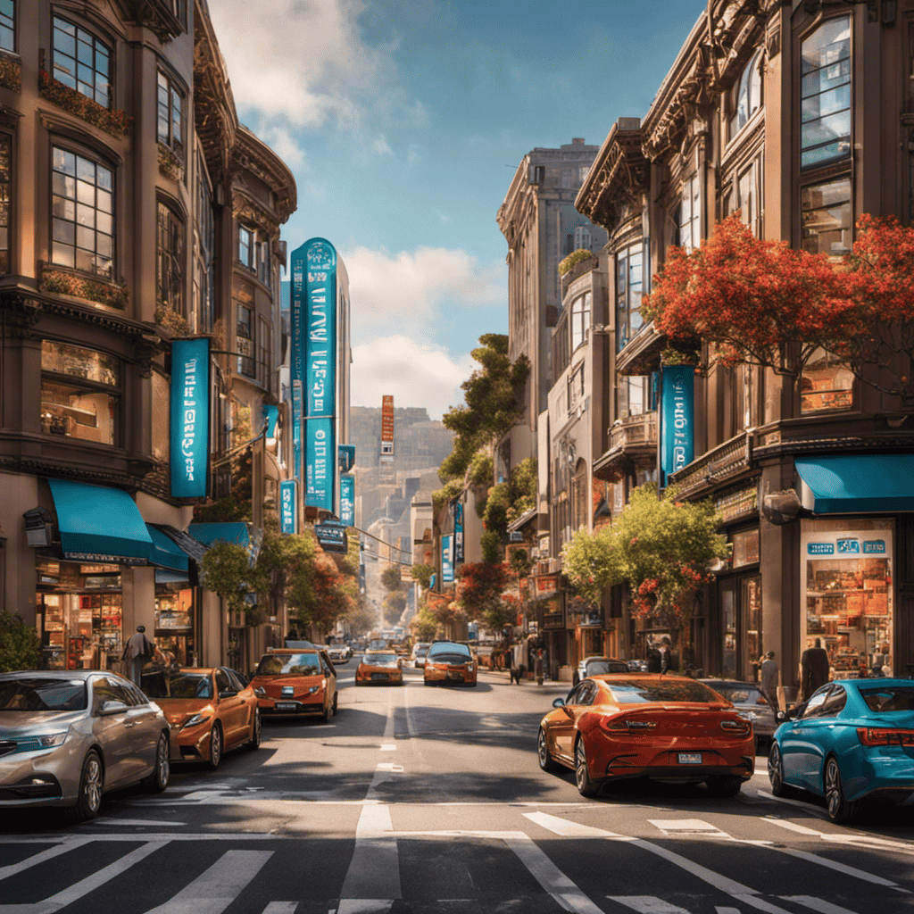 An image featuring a bustling street in the Bay Area, lined with vibrant storefronts