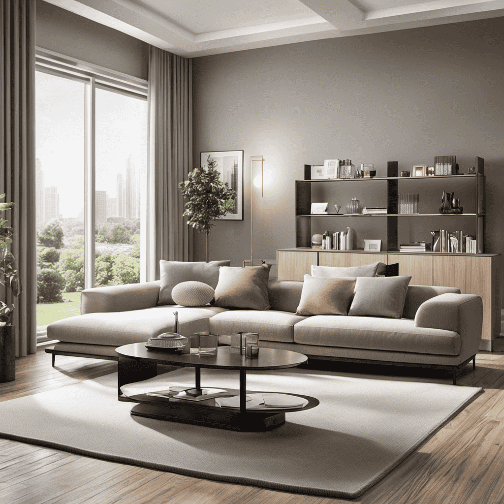 An image of a well-lit spacious living room with an open window, showcasing a variety of air purifiers neatly displayed on a sleek, modern shelf
