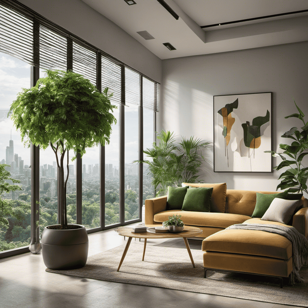 An image showcasing a well-lit, spacious living room adorned with lush green plants