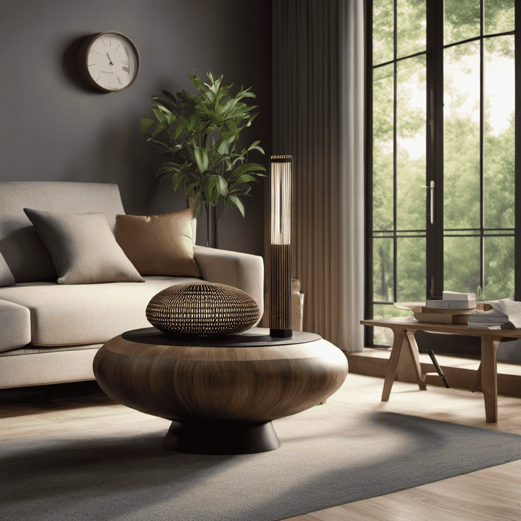An image showcasing a serene living room with a large window, as sunlight gently streams in, illuminating a bamboo charcoal air purifier placed on a side table, effectively purifying the air