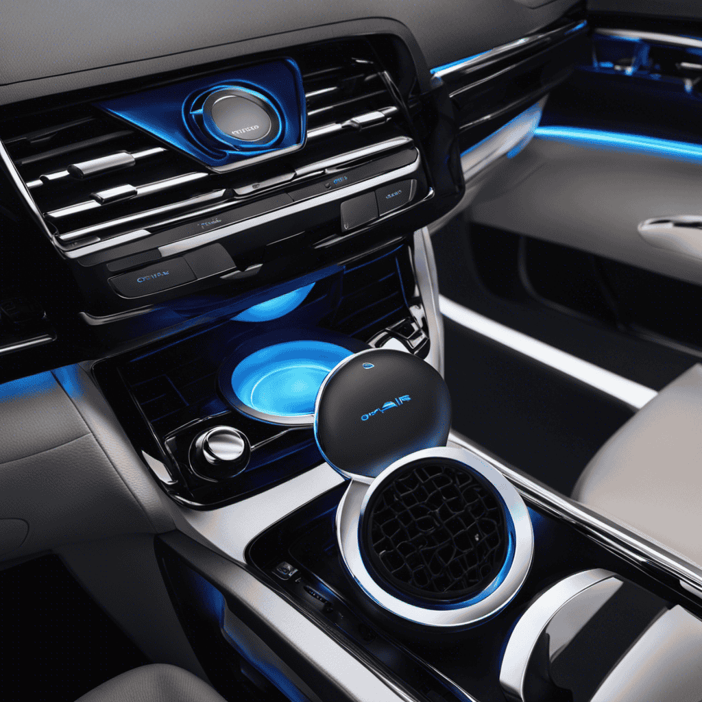 An image showcasing a modern car interior with a sleek, compact Extra O Air Purifier mounted on the dashboard