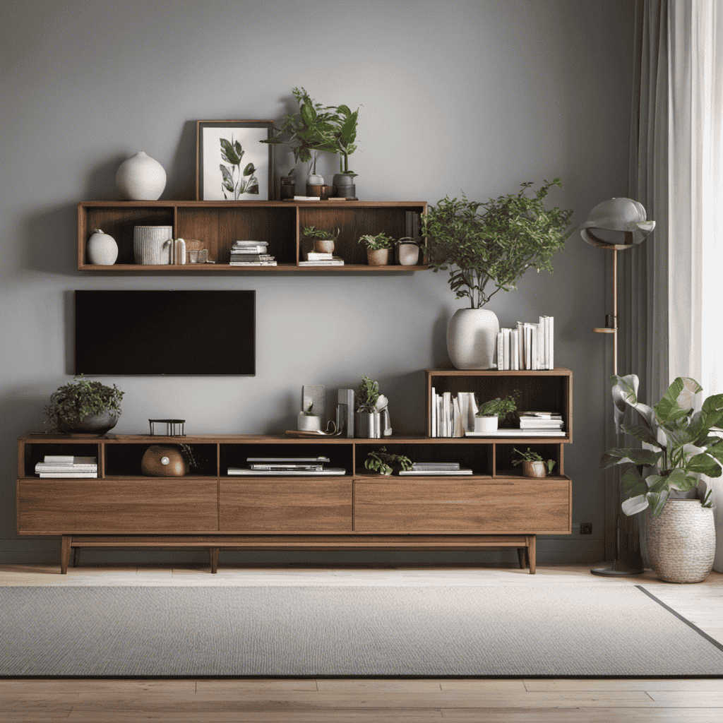 An image showcasing a cozy living room with an Air Purifier Model Ep23657 placed on a wooden shelf