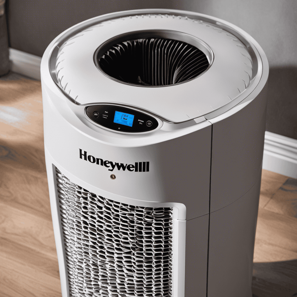 An image featuring a close-up of a Honeywell air purifier with its front cover open, showcasing a variety of replacement filters neatly organized inside