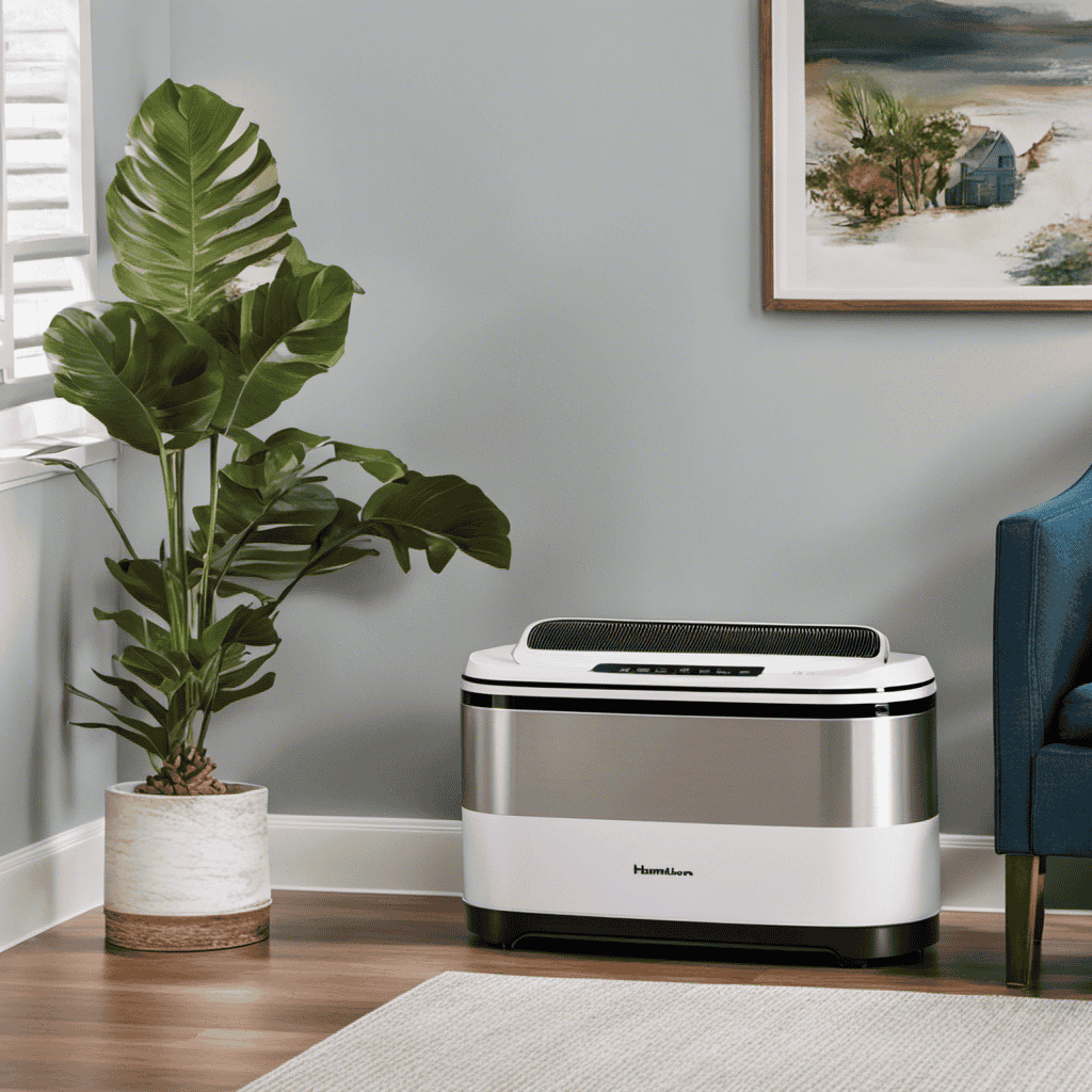 An image showcasing the Hamilton Beach 04384 Air Purifier, placed on a sleek white shelf against a backdrop of a well-lit, airy living room