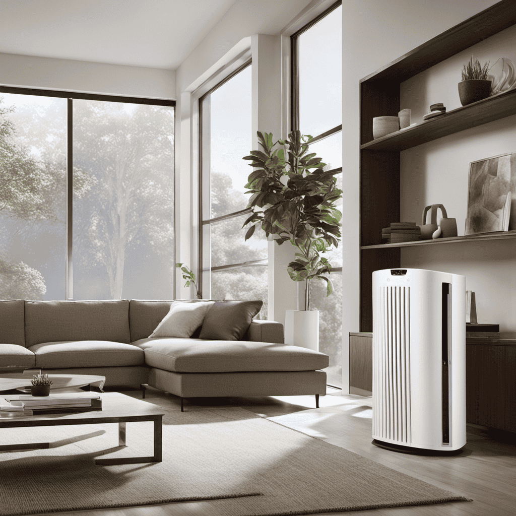 An image showcasing a clean and modern home environment, with a prominent Winix 5500-2 air purifier placed on a shelf