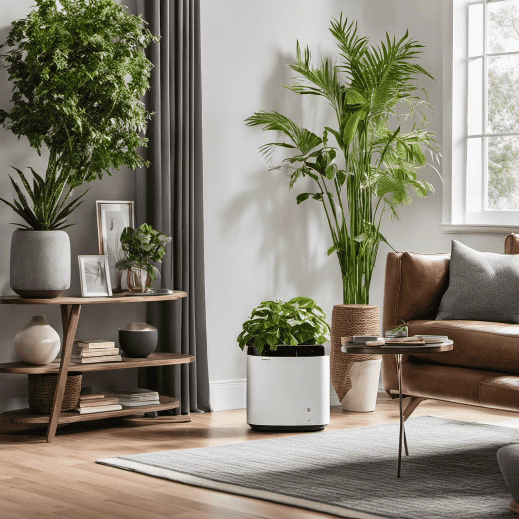 An image showcasing the sleek Medify MA-14 air purifier, surrounded by a modern living room setting with plants, clean air, and a serene ambiance, enticing readers to discover where to purchase it