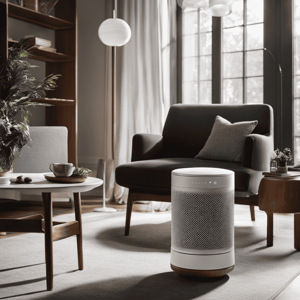 An image showcasing a well-lit, modern living room with a Molekule Air Purifier elegantly placed on a side table next to a cozy armchair, inviting readers to discover where to buy this sleek device