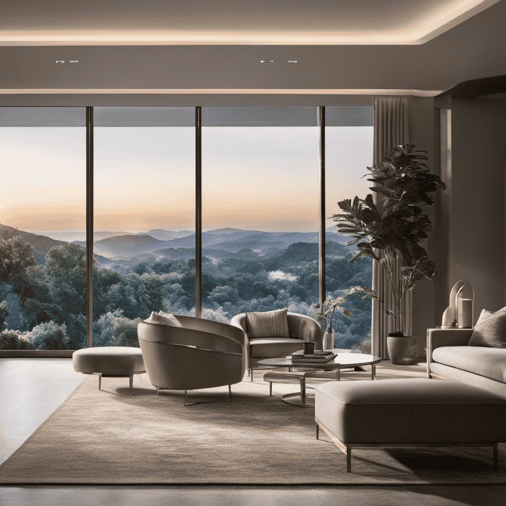 An image showcasing a well-lit room with a stunning view, featuring an elegant living space adorned with the Alen Breathesmart Air Purifier, seamlessly blending in with the stylish decor