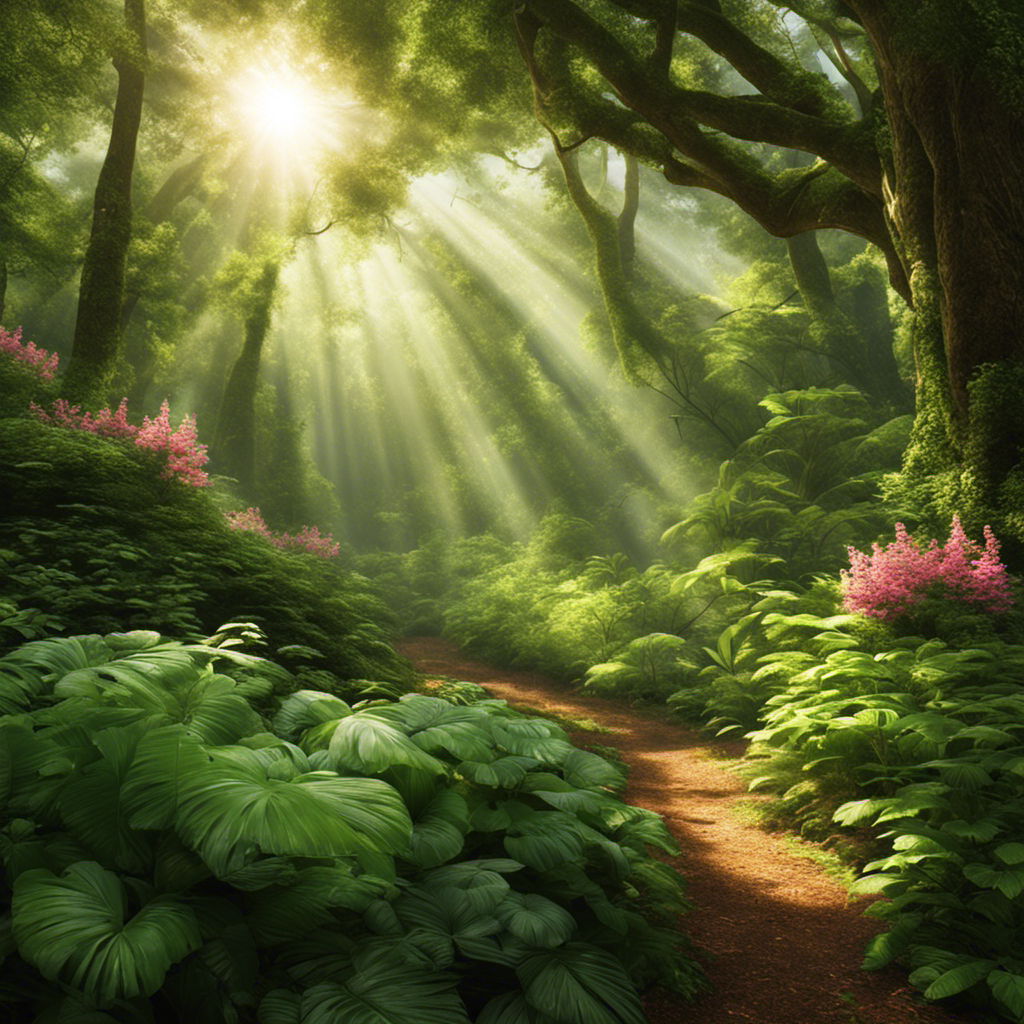 An image showcasing a lush forest setting with rays of sunlight piercing through the dense canopy