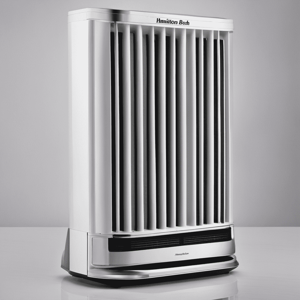 An image showcasing a close-up of a Hamilton Beach/Proctor Silex Air Purifier Model # 04381, with a stack of identical air filters neatly arranged beside it, ready to be inserted