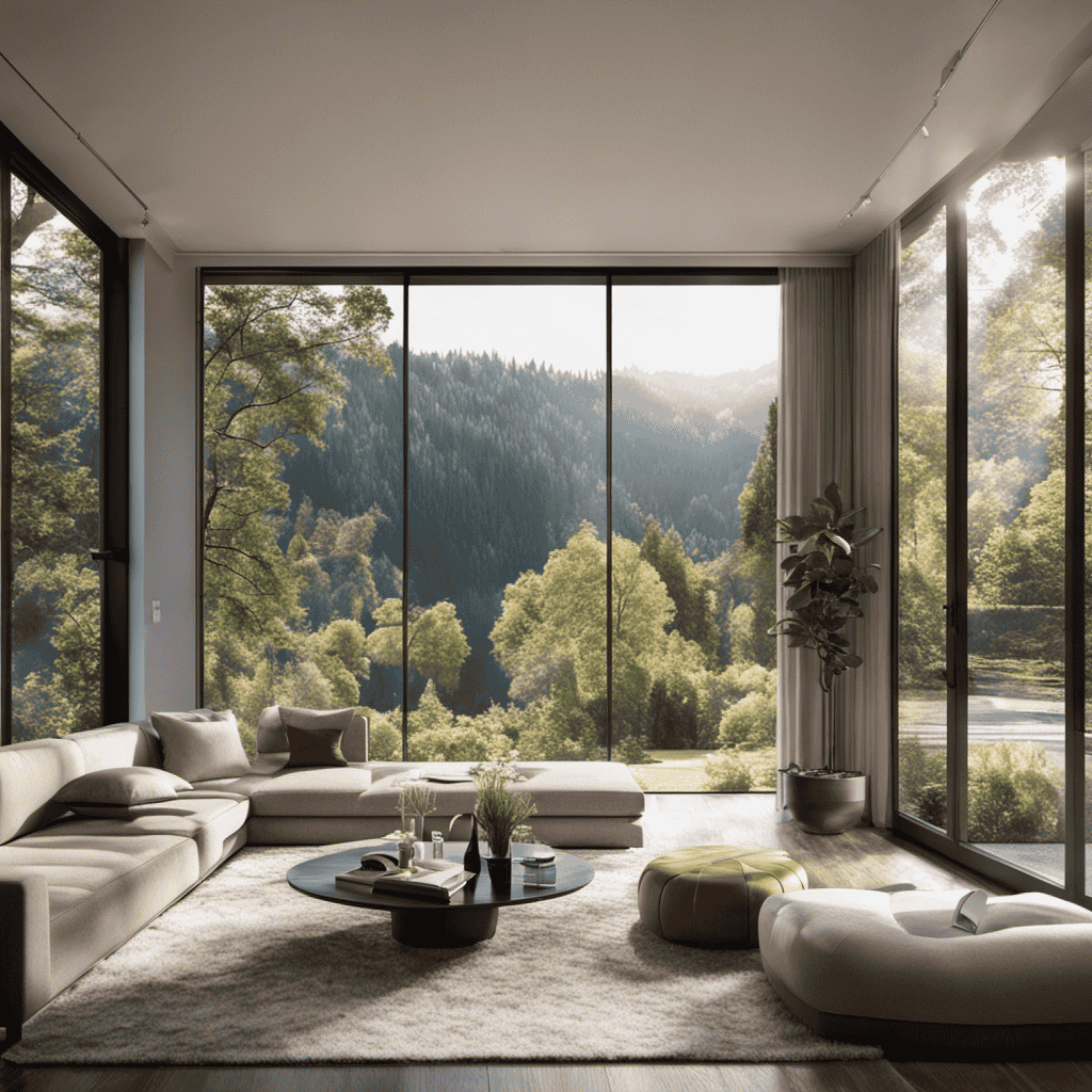 An image showcasing a cozy living room with large windows, capturing sunlight filtering through crisp, clean air
