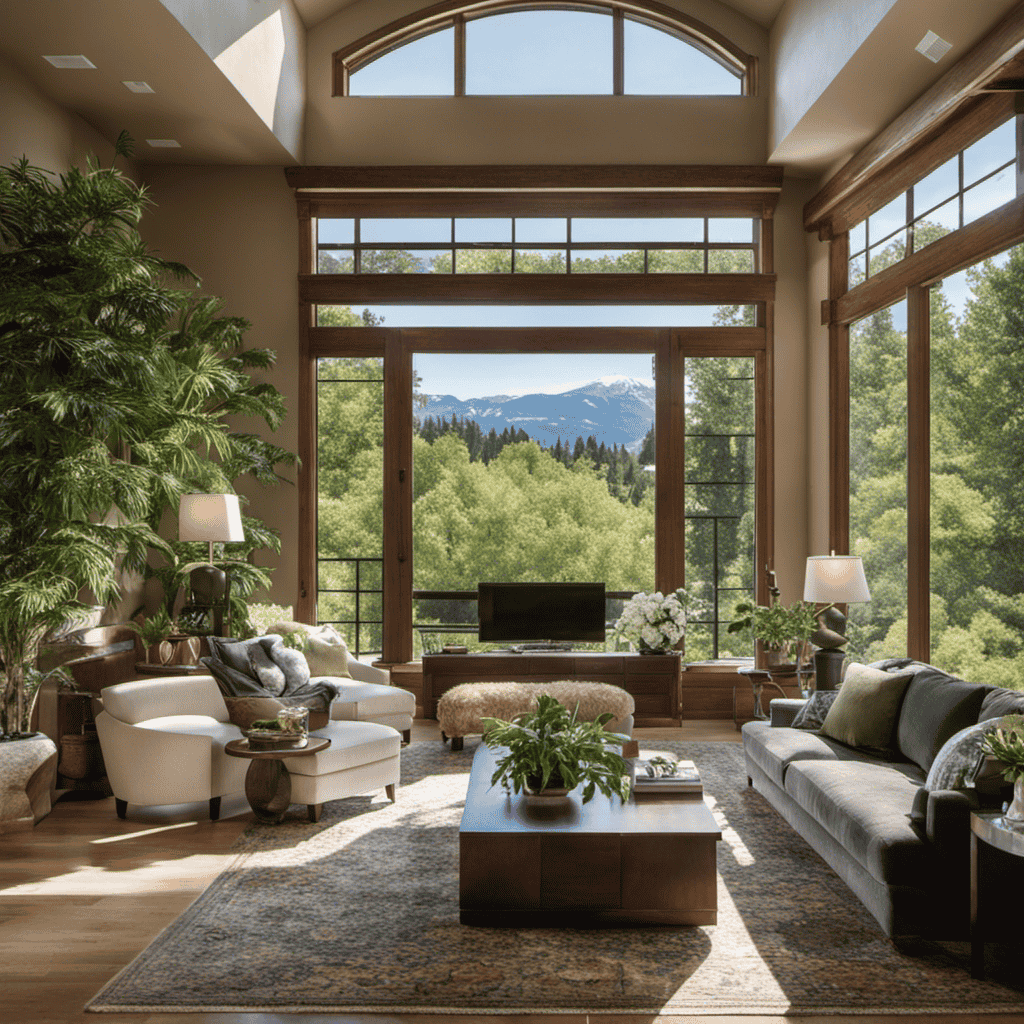 An image showcasing a serene living room in Boise, adorned with lush green plants and surrounded by panoramic windows, where an air purifier quietly hums, providing clean and fresh air