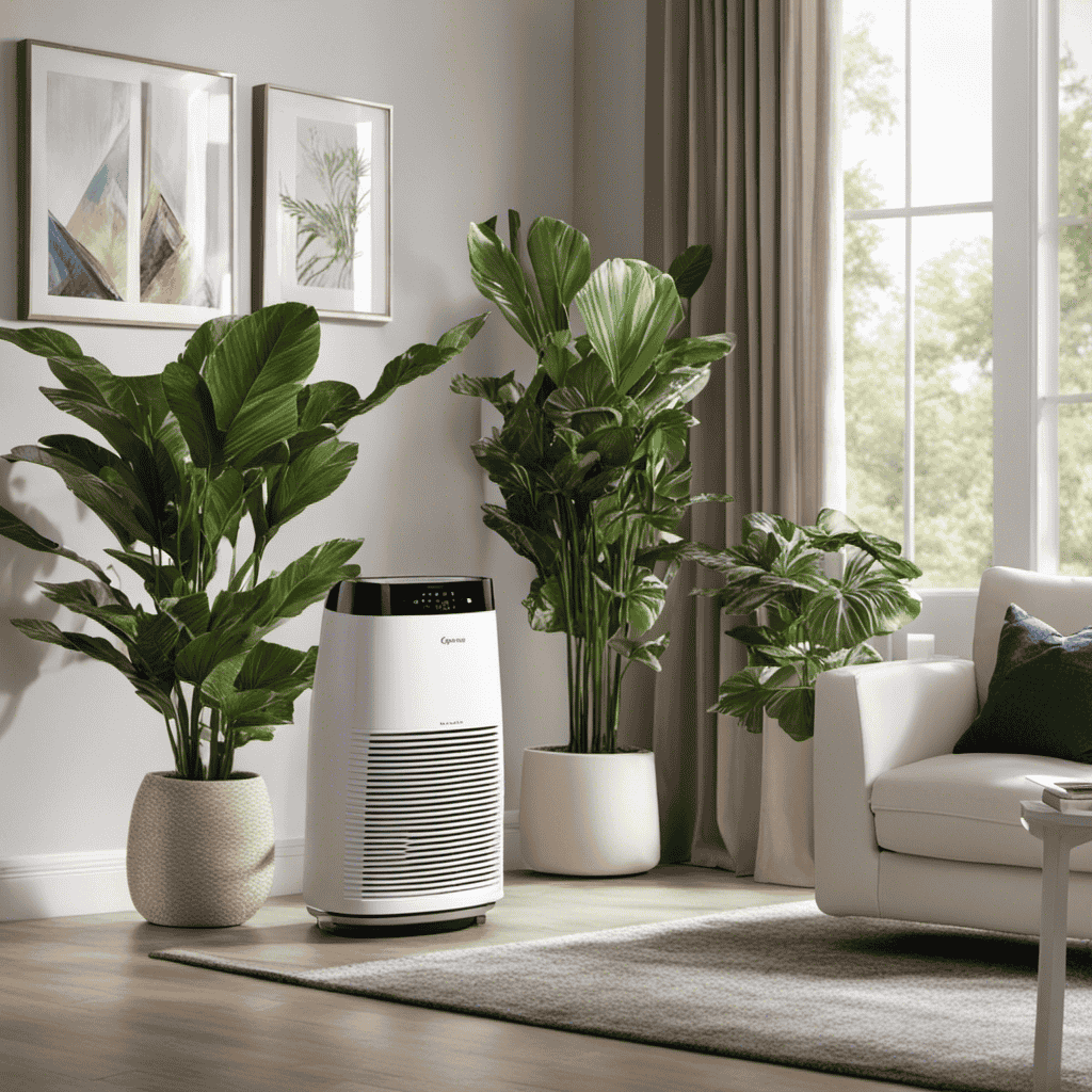 An image showcasing a peaceful living room adorned with lush plants and bathed in soft natural light