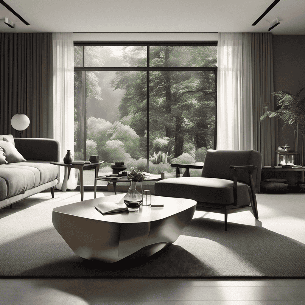 An image showcasing a minimalist living room with a large window, where natural sunlight streams in, highlighting an elegant coffee table adorned with a bowl of charcoal air purifier bags, silently purifying the air