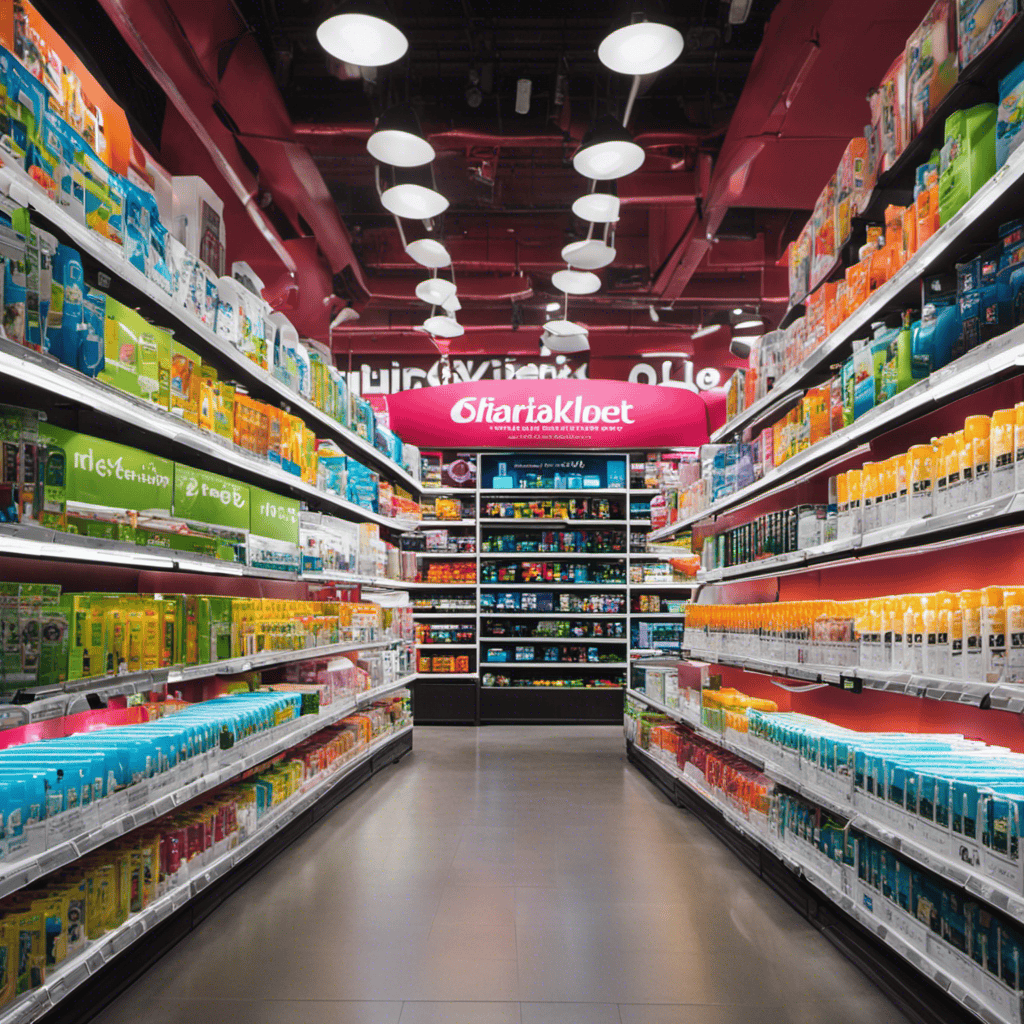 A blog post image showcasing a bustling store aisle filled with neatly arranged shelves displaying various air purifiers