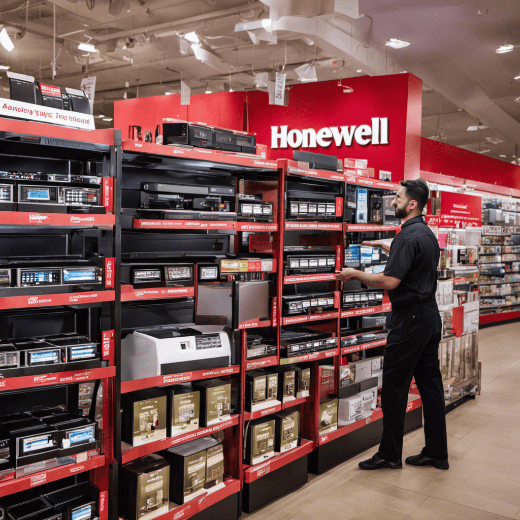 An image showcasing a bustling electronics store, with rows of shelves neatly displaying various air purifiers
