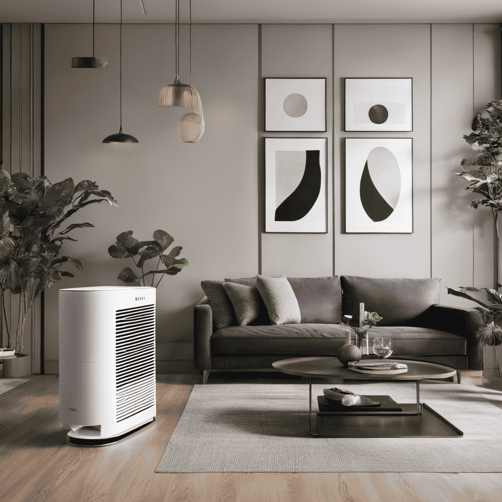 An image that showcases a modern living room with sleek, minimalist decor and a PureZone 3-in-1 True HEPA Air Purifier positioned elegantly on a side table, purifying the air effortlessly