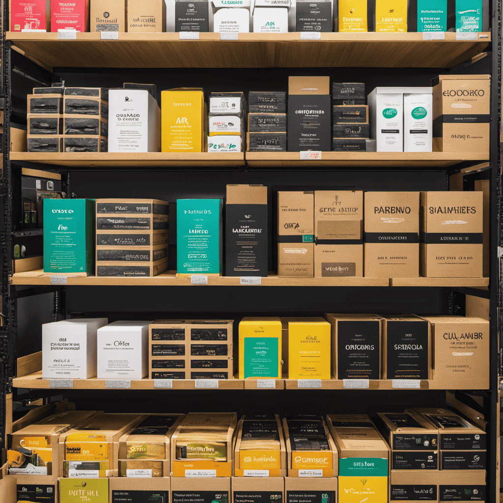 An image showcasing a well-organized store shelf with an extensive variety of bamboo charcoal air purifier packaging