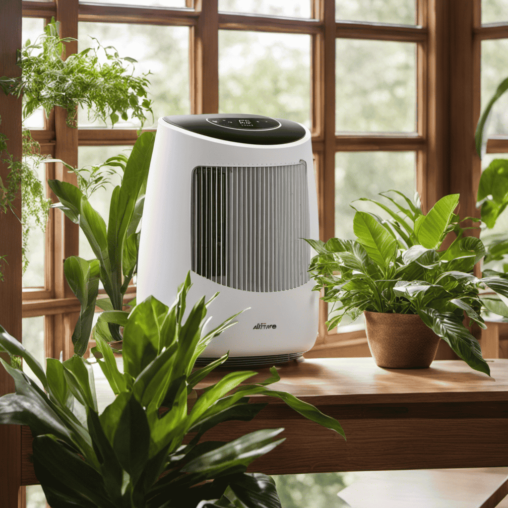 An image showcasing an Airfree Air Purifier placed on a sturdy wooden shelf, surrounded by indoor plants, with soft natural light streaming in through an open window, enhancing the serene ambiance