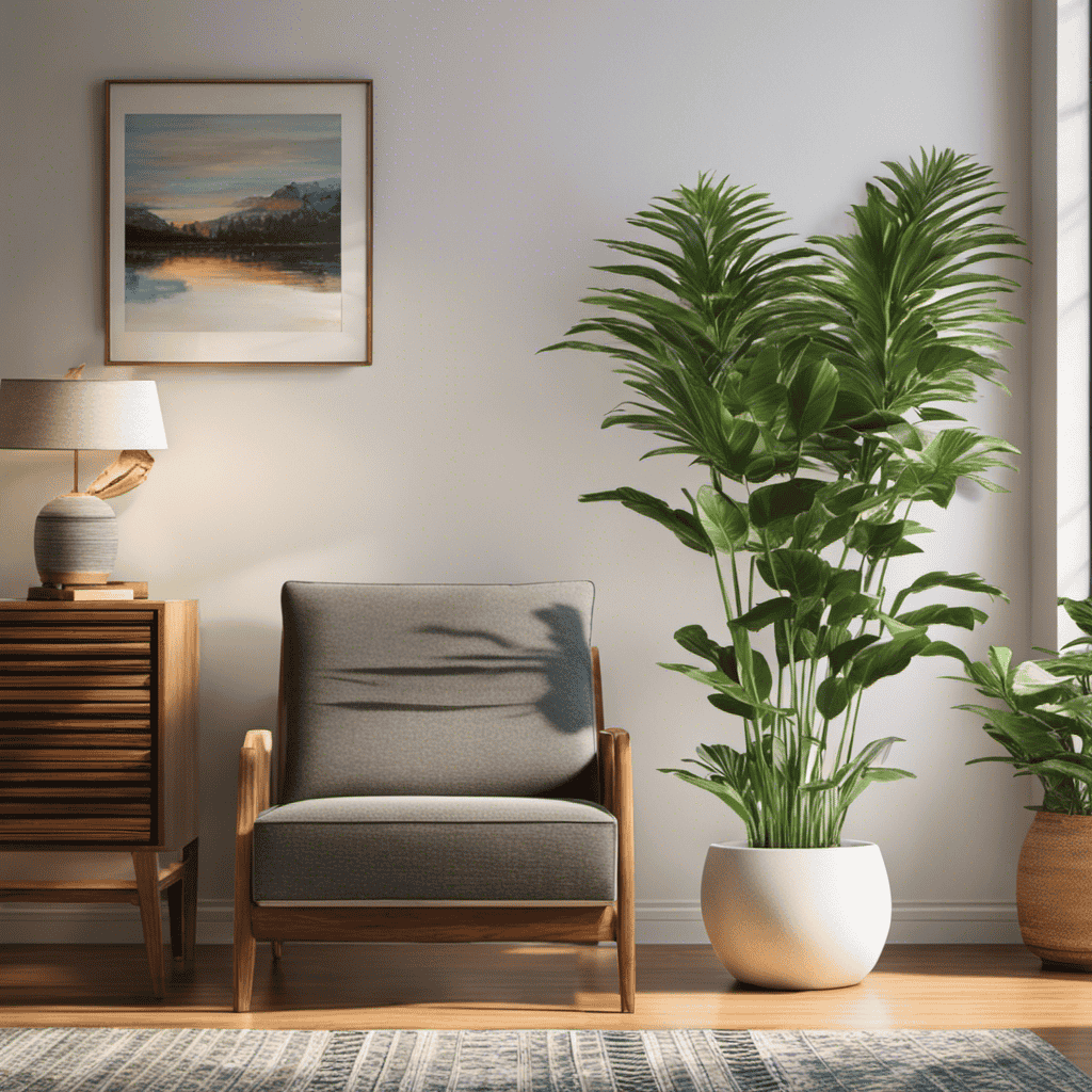 An image depicting a serene living room with an air purifier placed near a window, softly filtering the sunlight as it sits on a wooden side table adorned with a lush potted plant