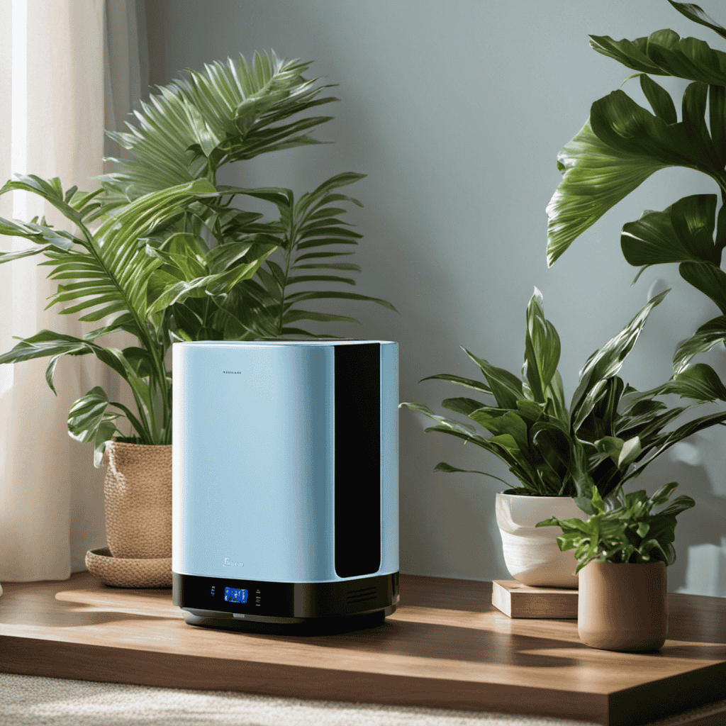 An image depicting an air purifier placed on a bookshelf, surrounded by indoor plants, near a sunny window