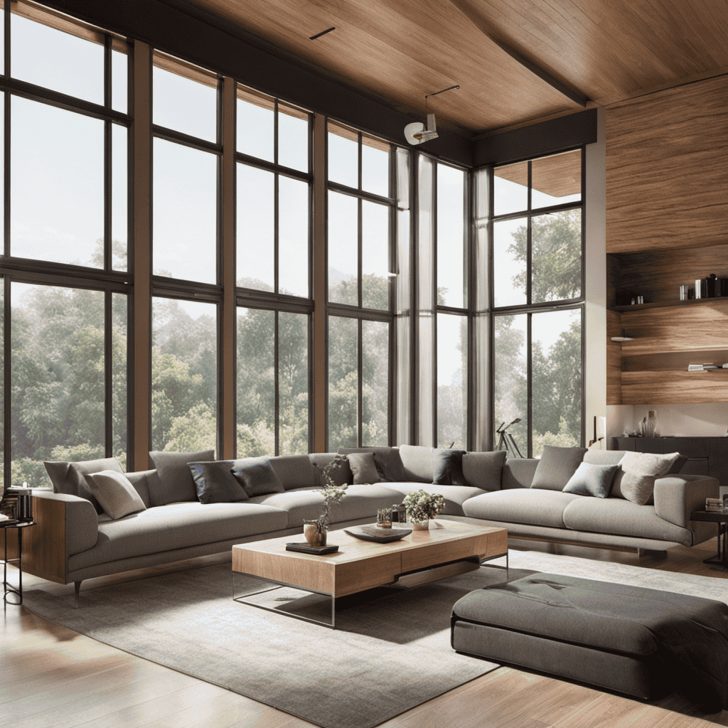 An image showcasing a spacious living room with an air purifier placed near a large window, gently filtering sunlight as it purifies the air