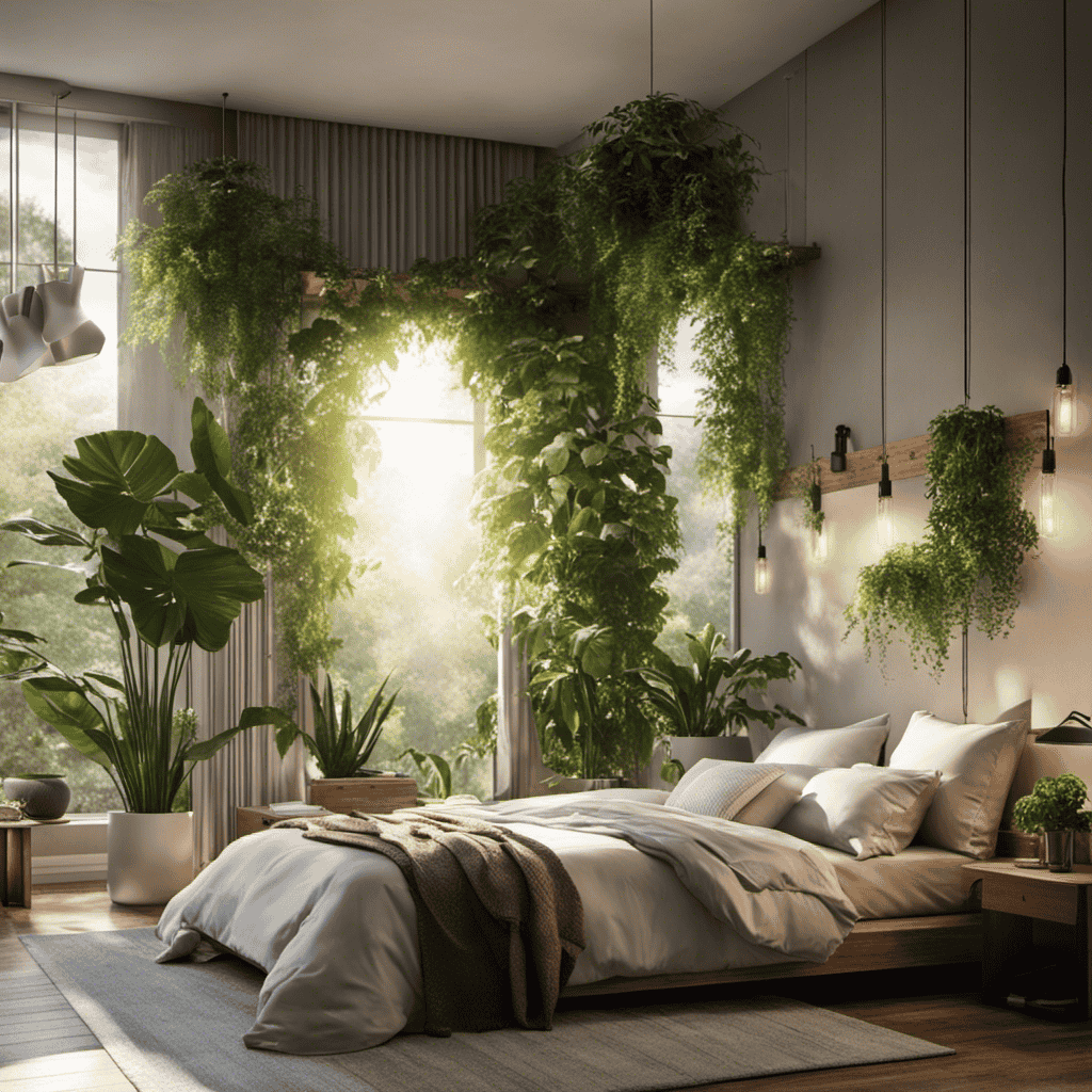 An image depicting a spacious bedroom with an air purifier placed on a bedside table, surrounded by plants