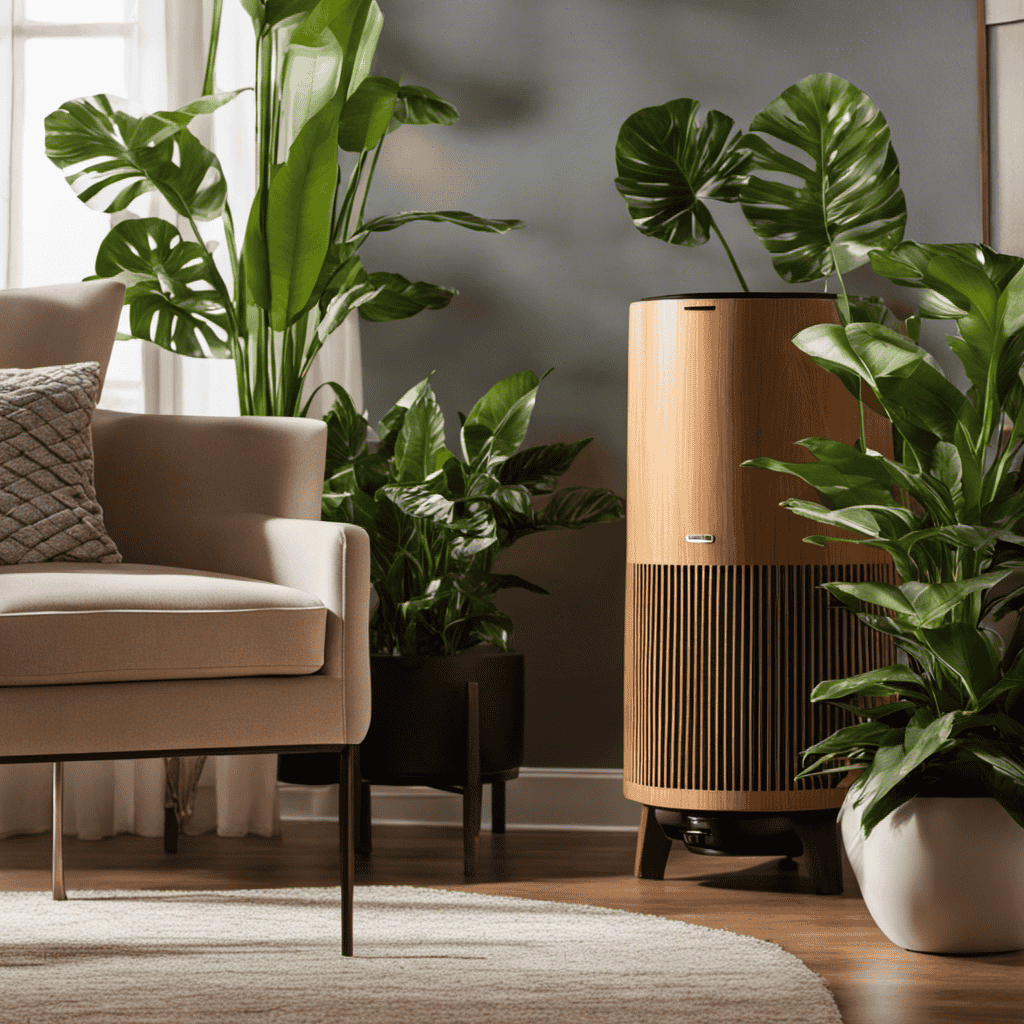 An image capturing a tranquil living room environment with a Filrete Room Air Purifier placed strategically on a sleek wooden side table, surrounded by lush indoor plants and softly illuminated by the warm glow of a nearby floor lamp