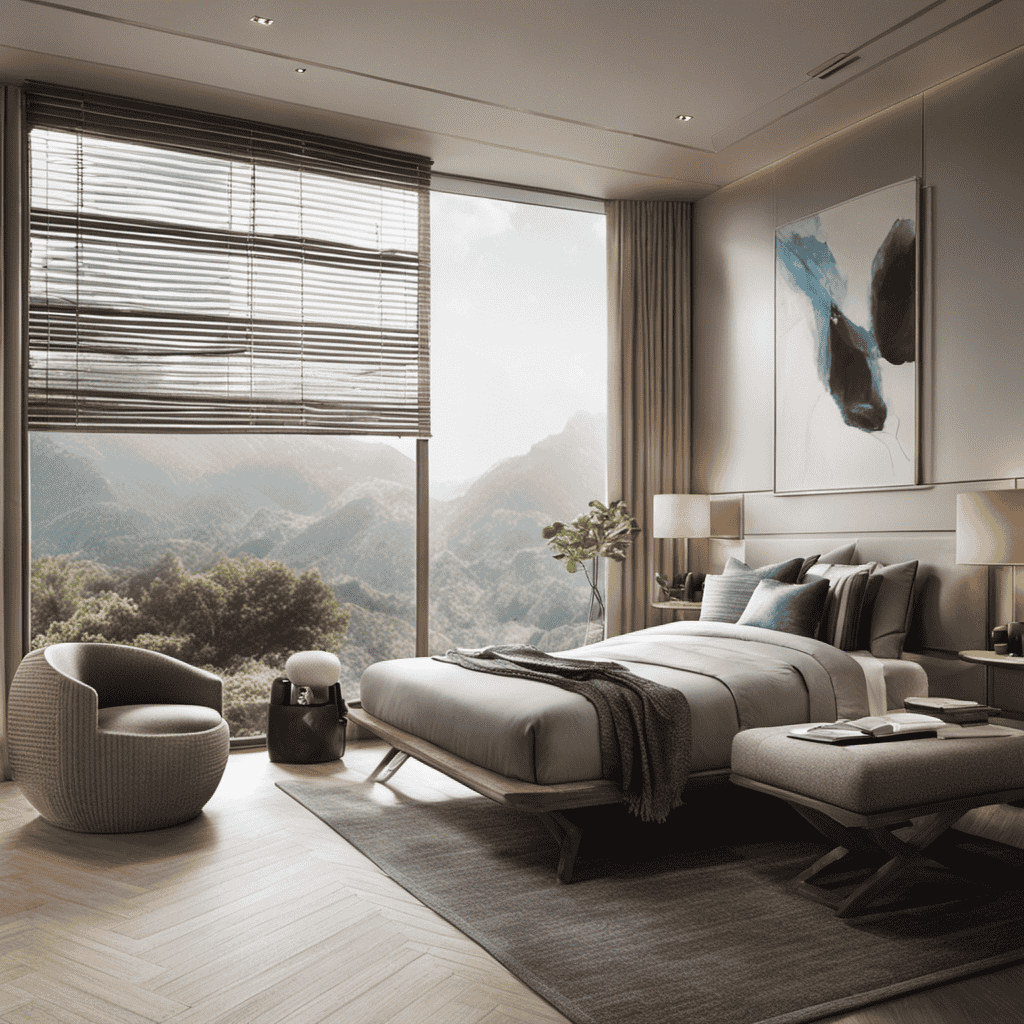 An image showcasing a spacious room with an air purifier strategically placed near a large window, drawing in fresh air