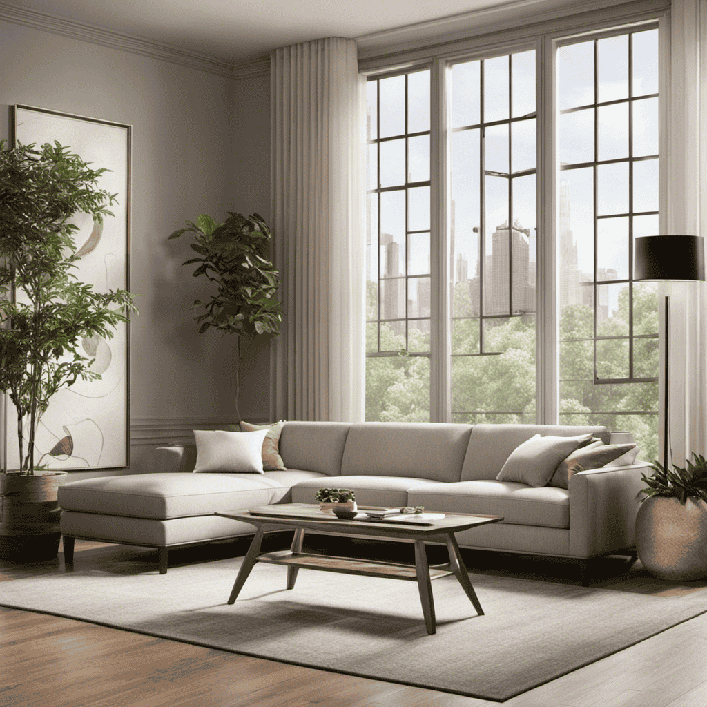 An image showcasing a spacious, well-lit living room with an air purifier discreetly placed on a sleek side table near a large window, strategically positioned to maximize airflow and efficiently cleanse the surrounding air