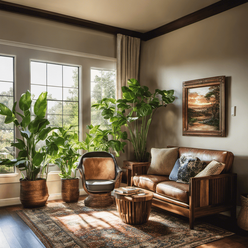 An image showcasing a Texarkana living room with sunlight streaming through the window, highlighting an air purifier placed atop a wooden side table, surrounded by potted plants and a cozy armchair