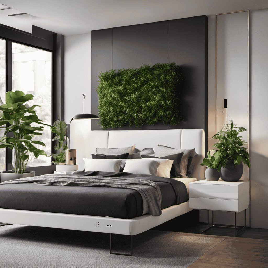 An image showcasing a modern bedroom with a strategically placed air purifier on a sleek bedside table, purifying the air as it stands beside a potted plant near an open window