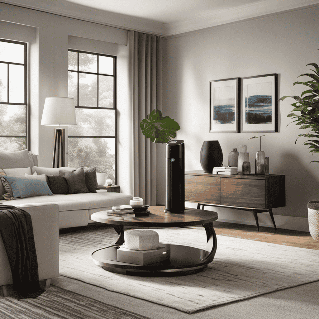 An image showcasing a spacious living room with a strategically placed UV air purifier on a sleek side table, effortlessly blending with the modern decor while effectively purifying the air