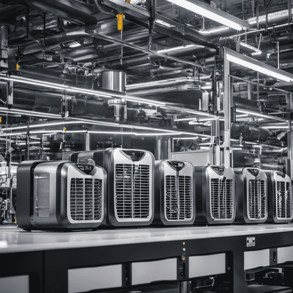 An image showcasing the manufacturing process of Afloia Air Purifiers, capturing the intricate assembly line, advanced machinery, and skilled workers meticulously crafting each component with precision and expertise