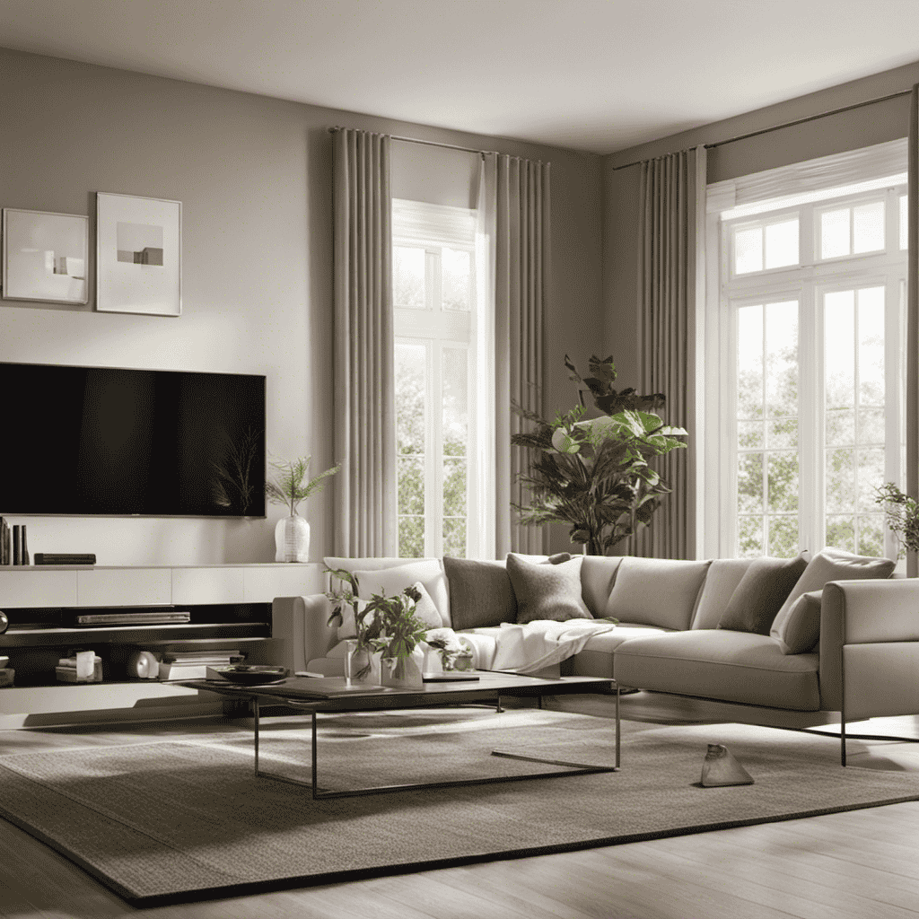An image depicting an airy living room with an air purifier strategically placed near a window, drawing in outdoor freshness
