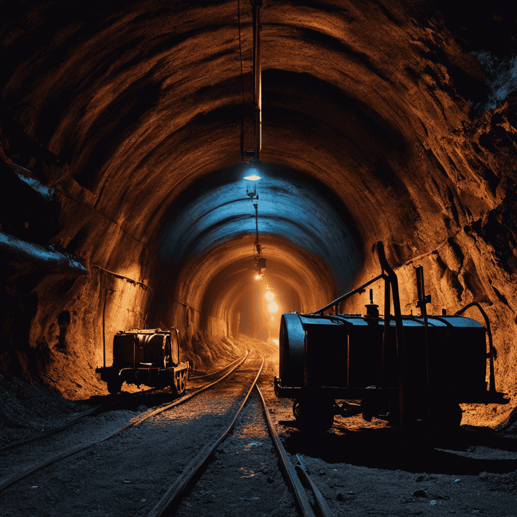 An image showing a dimly lit underground tunnel with rusty mine carts, worn-out mining equipment, and a flickering lantern