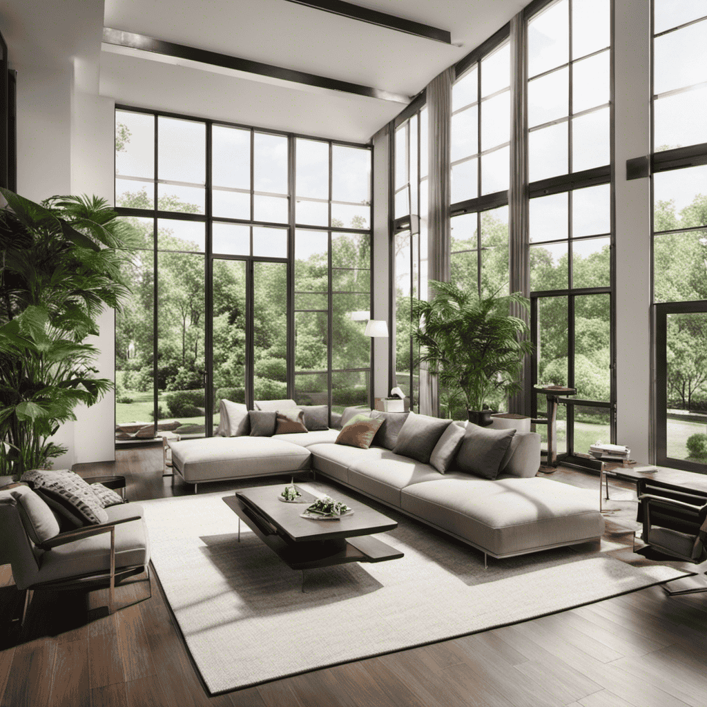 An image showing a spacious living room with large windows, surrounded by lush greenery