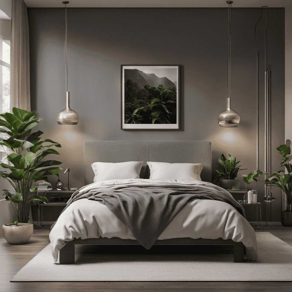 An image featuring a serene bedroom with an air purifier placed on a nightstand next to a lush potted plant, showcasing the perfect balance between nature and technology for optimal air quality